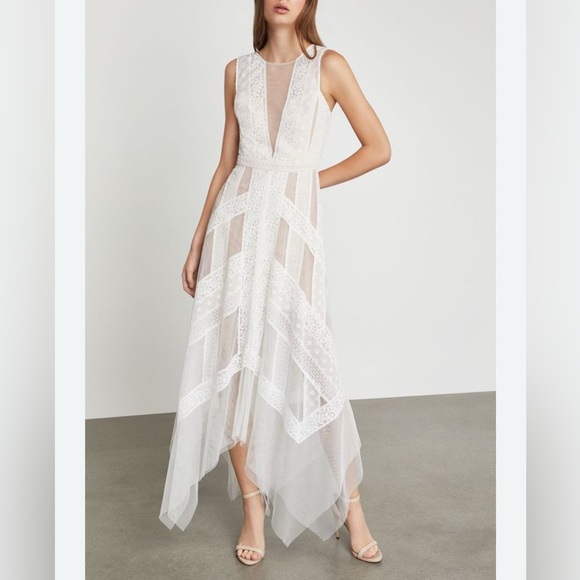 BCBG MAXAZARIA Andi Handkerchief Asymmetrical Lace Tulle Dress Off-White- Size 8 - Picture 4 of 13